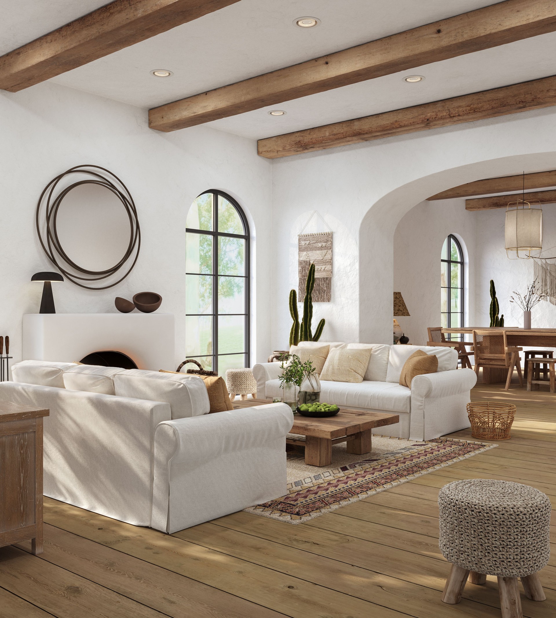 Wabi sabi living room interior with arch windows and fireplace, 3d render